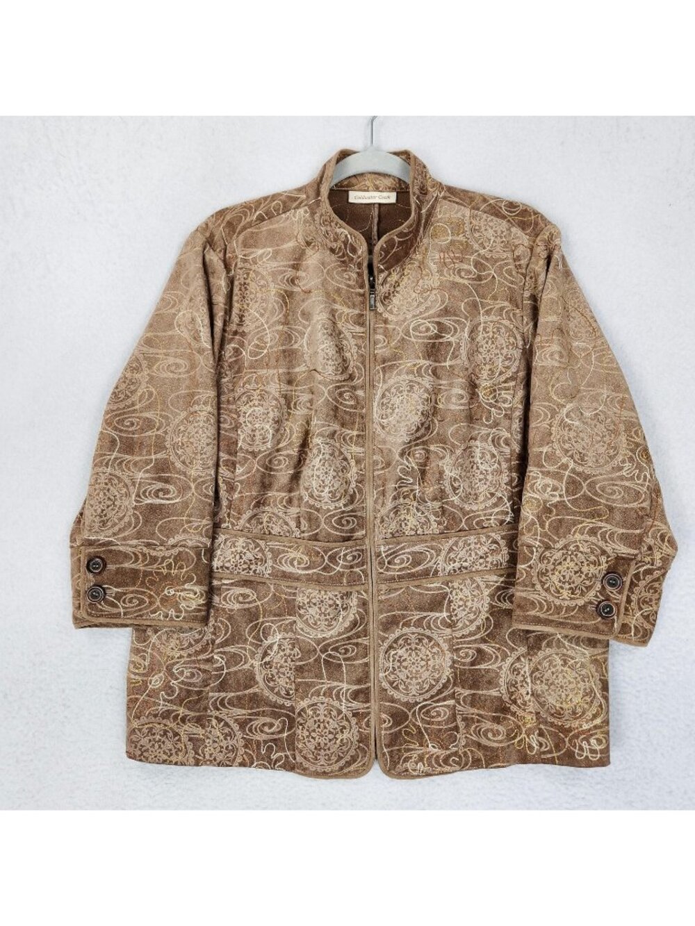 Coldwater Creek Jacket Womens 18 Brown Full Zip 3/4 Sleeve Gold Embroidered